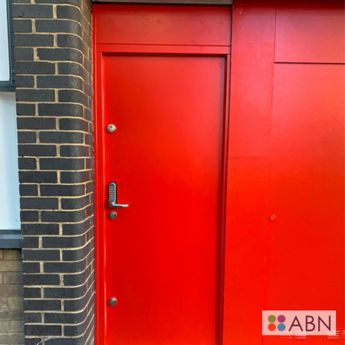 Red steel doors and internal window shutter